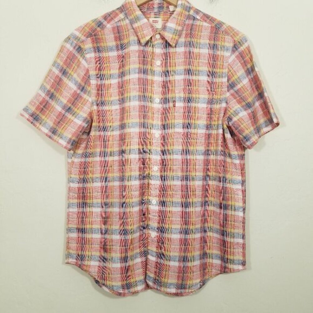 Levi's Linen Blend Plaid Button Down Shirt Short Sleeve Size M